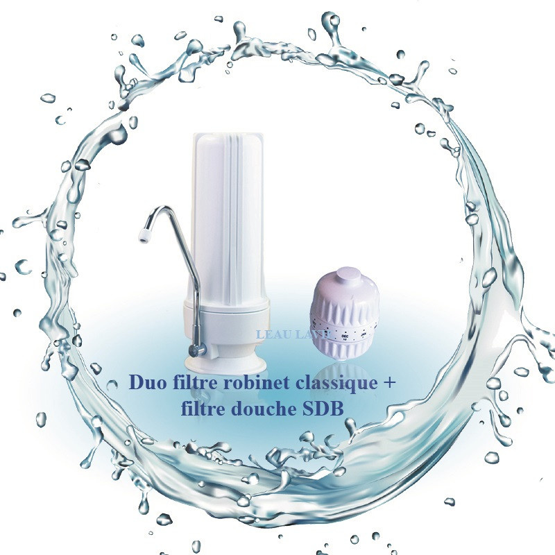 Duo filtre à eau sur robinet classique et filtre douche SDB