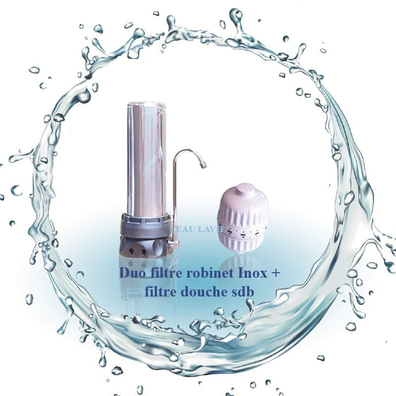 Duo filtre à eau sur robinet inox et filtre douche SDB