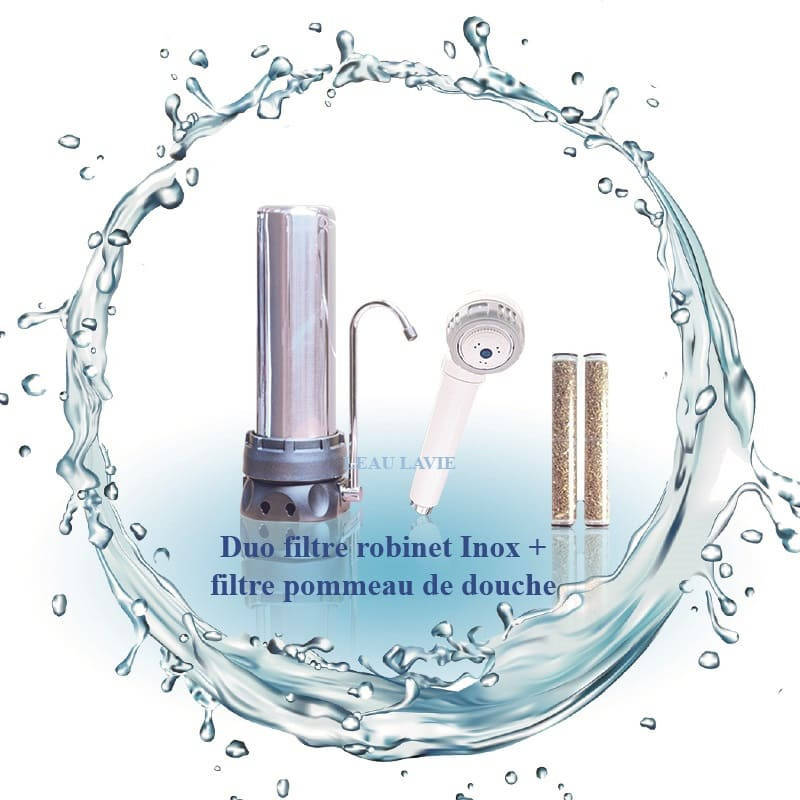 Duo filtre à eau sur robinet inox et pommeau de douche filtrant