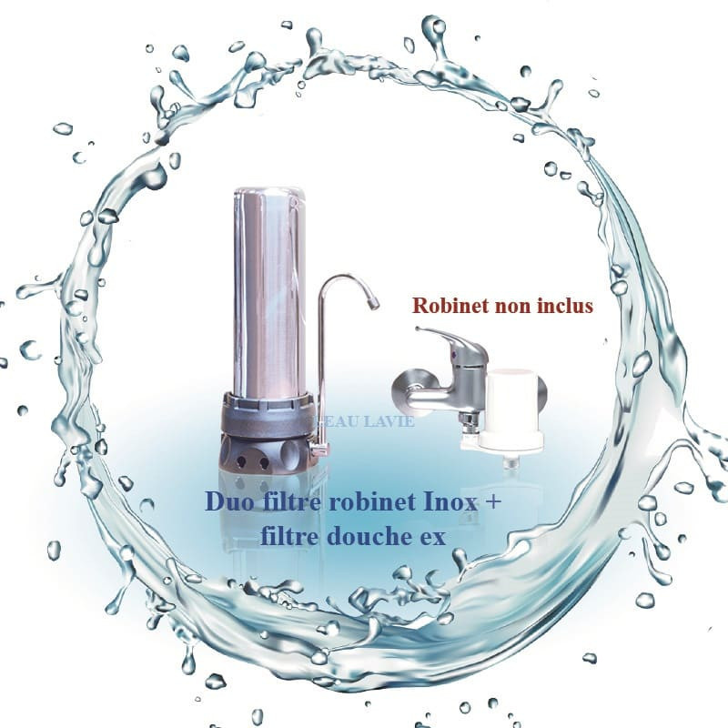 Duo filtre à eau sur robinet inox et filtre douche EX excentré
