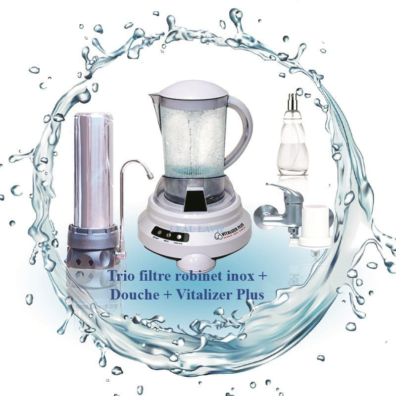 Trio filtre à eau sur robinet inox, Vitalizer Plus et filtre douche EX