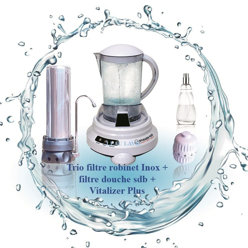 Trio filtre à eau sur robinet inox, Vitalizer Plus et filtre douche SDB