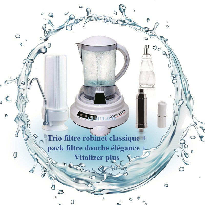 Trio filtre à eau sur robinet, Vitalizer Plus et filtre douche élégance
