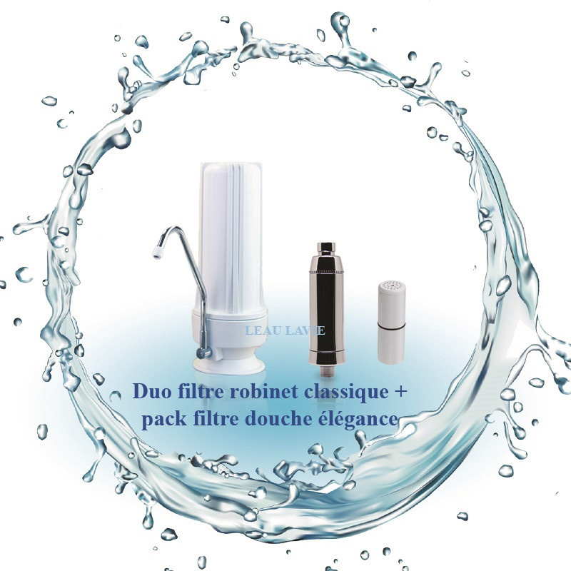 Duo filtre à eau sur robinet classique et filtre douche élégance chromé