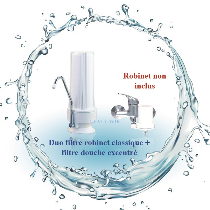 Duo filtre à eau sur robinet classique et filtre douche EX excentré