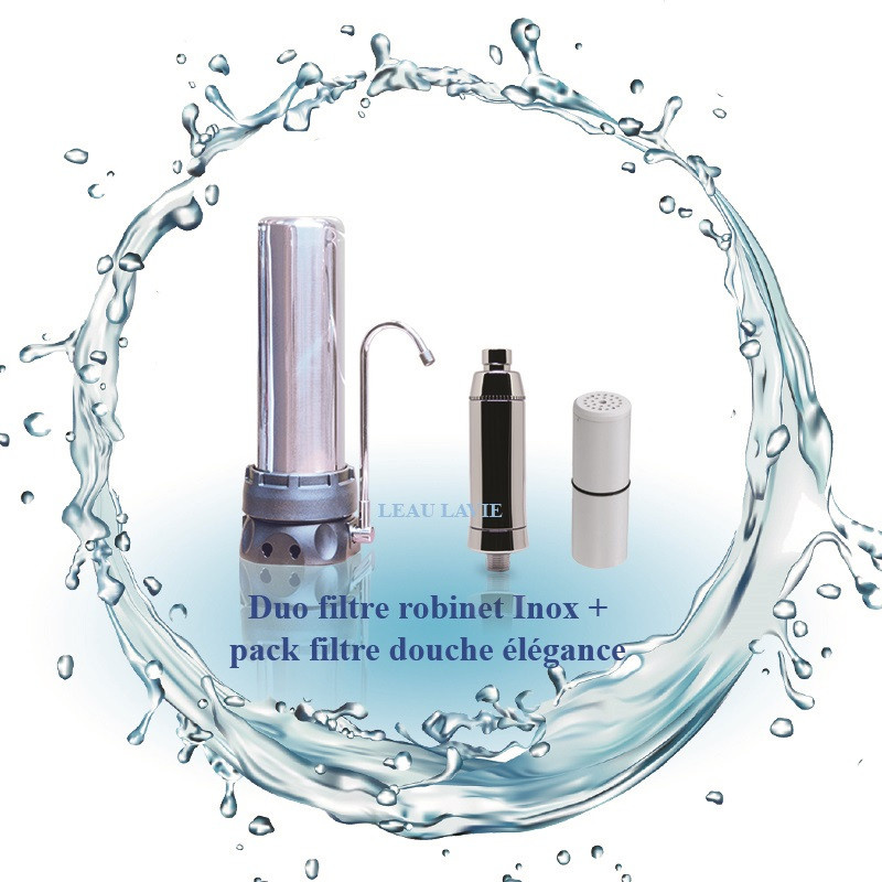 Duo filtre à eau sur robinet inox et filtre douche élégance chromé