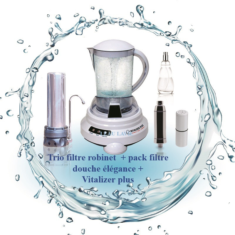 Trio filtre à eau sur robinet inox, Vitalizer Plus et filtre douche élégance