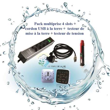 multiprise blindée 4 slots, testeur de tension et terre, câble USB de mise à la terre