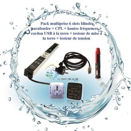 multiprise blindée 6 slots parafoudre CPL et HF, testeur de tension et terre, câble USB de mise à la terre