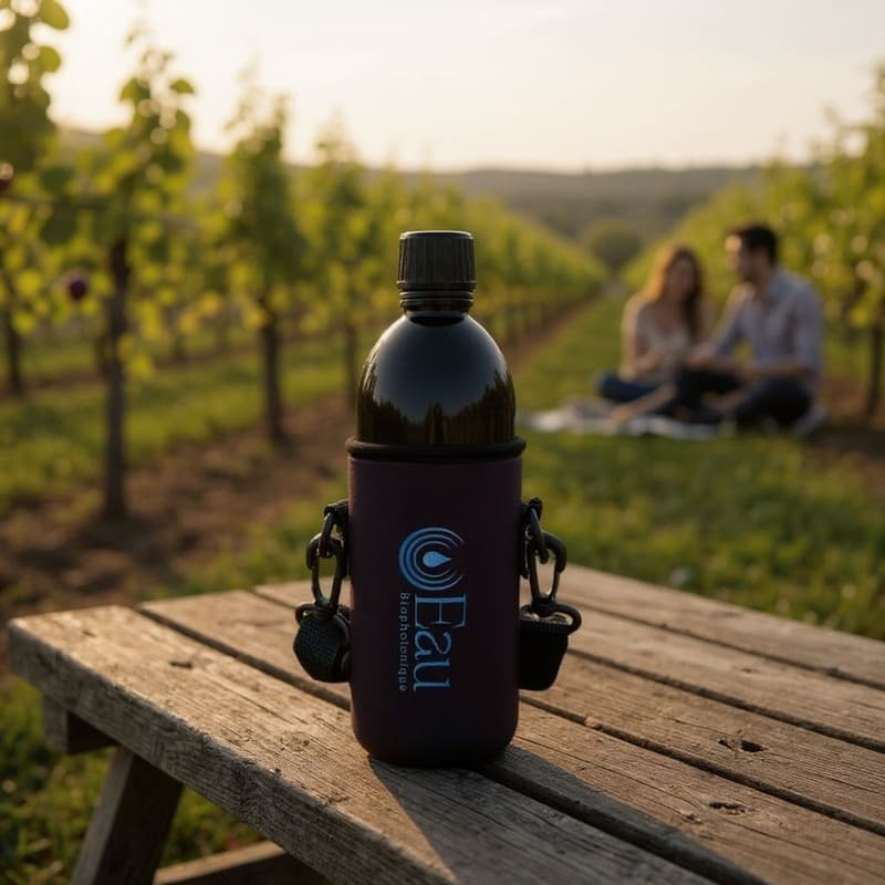 Bouteille d'un litre en verre violet photonique avec sa housse