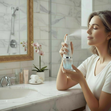 femme portant à la main le spray h2 beauty pour le soin de son visage
