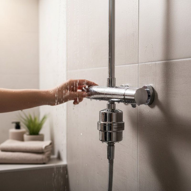 Filtre douche Inox anti-calcaire monté entre le flexible et le pommeau