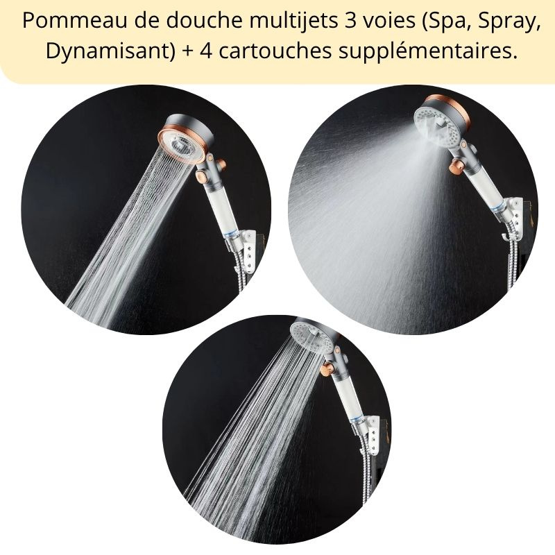 Pommeau de douche massant 3 voies avec sa cartouche filtrante