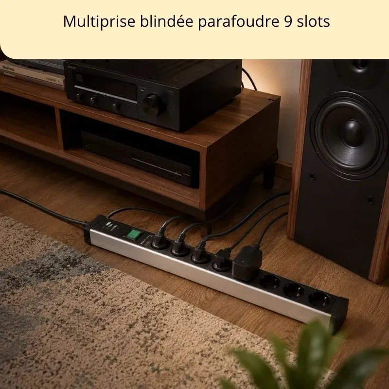 Multiprise blindée danell noire à 9 prises avec parafoudre