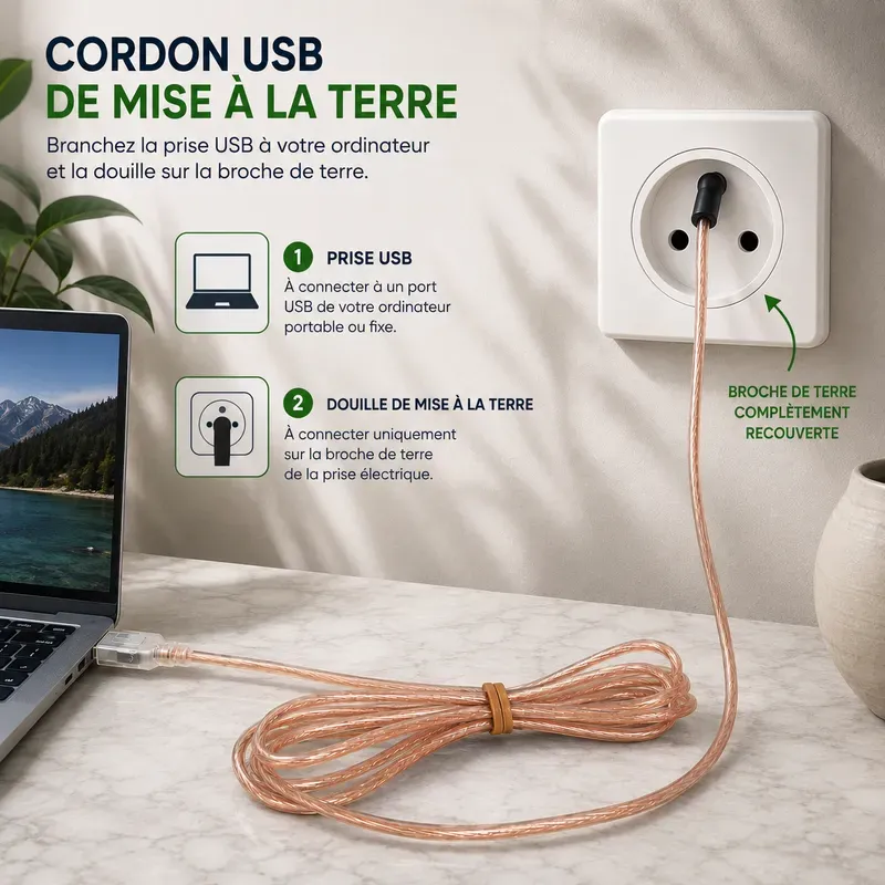 Cordon USB de mise à la terre à prise cylindrique