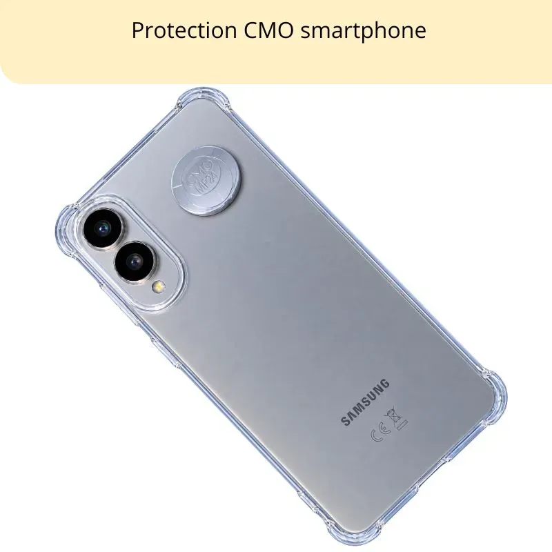 Pastille CMO MP24 anti-ondes collée derrière un smartphone