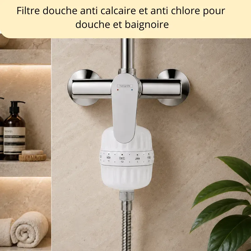 Filtre douche et bain SDB anti-calcaire, monté entre le robinet et le flexible dans une magnifique salle de bain