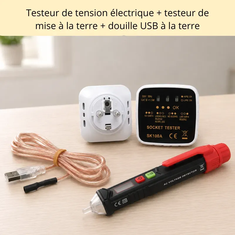 Pack : testeur de terre, testeur de tension et cordon USB à douille