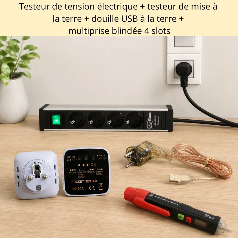 Pack multiprise blindée 4 slots, testeur de tension électrique et testeur de mise à a la terre, cordon USB de mise à la terre,