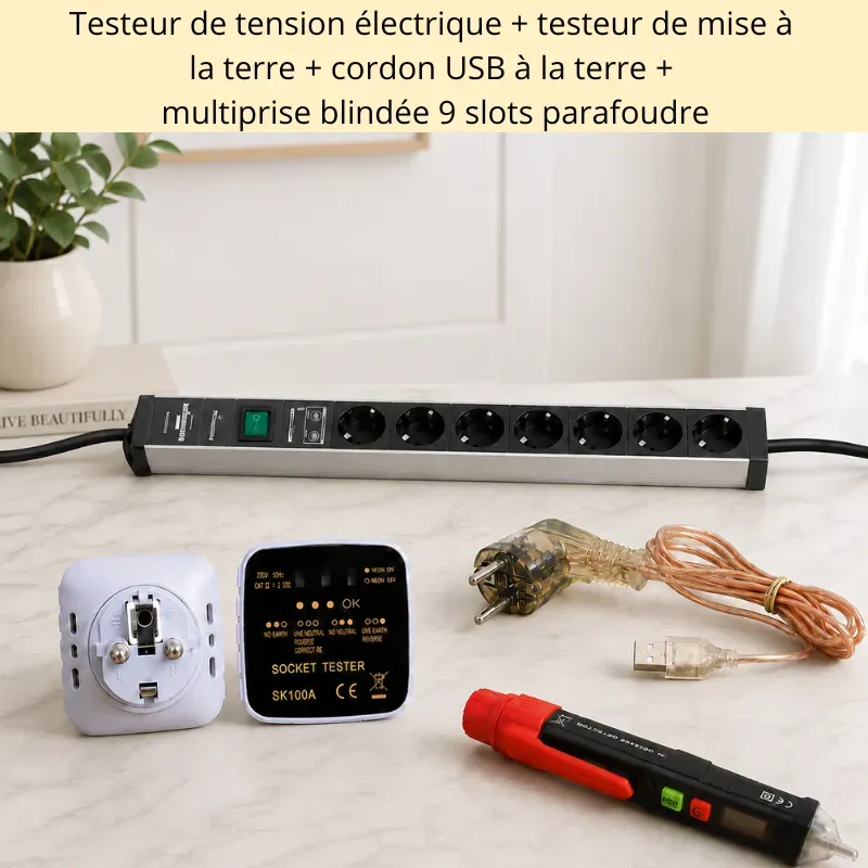 testeur de tension électrique testeur de mise la terre cordon usb terre multiprise blindée parafoudre 9 slots