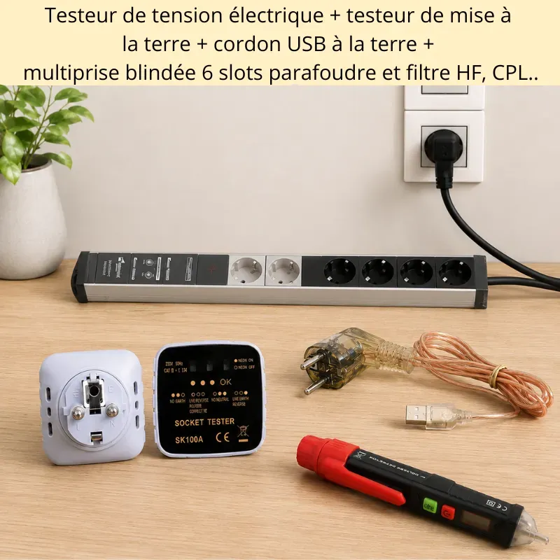 testeur de tension électrique testeur de mise la terre cordon usb terre multiprise blindée parafoudre 6 slots