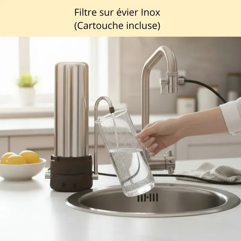 filtre sur robinet à charbon actif en Inox avec une carafe se remplissant d'eau purifiée