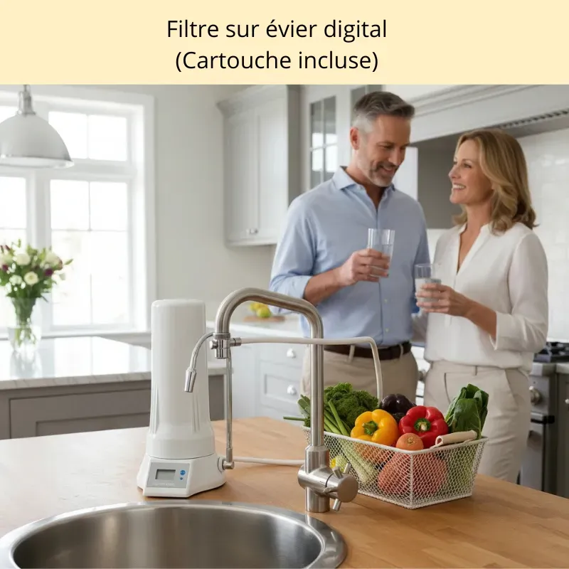 Filtre à eau sur robinet avec son compteur volumétrique numérique