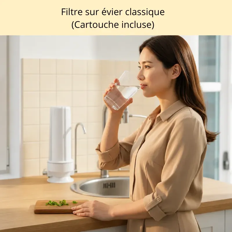 Filtre à eau classique vissé sur le robinet de l'évier avec une femme buvant un verre d'eau purifiée