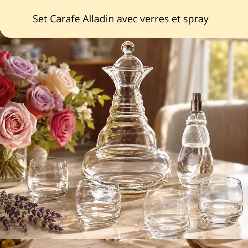 pack carafa aladin 2.3L ondes de formes fleur de vie Or et 4 verres ondes de formes et 1 spray sur une table de salon