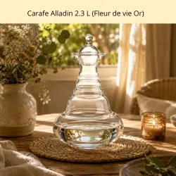 Carafe Alladin 2.3L ondes de formes, motif fleur de vie or 24 carats sur une magnifique table de salon