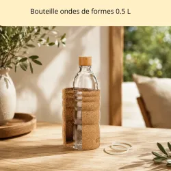Bouteille ondes de formes en verre avec fleur de vie et bouchon en bois