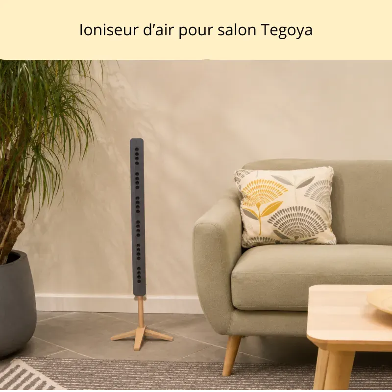 Purificateur ioniseur d’air TEQOYA TQ450 anthracite contre les particules fines installé dans un salon