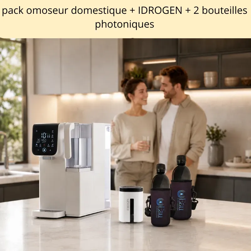osmoseur domestique sur plan de cuisine avec générateur IDROGEN et 2 bouteilles dans une cuisine moderne