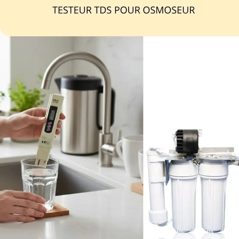 Testeur TDS mesurant les solides dissous d'une eau osmosée et donc les performances de l'osmoseur