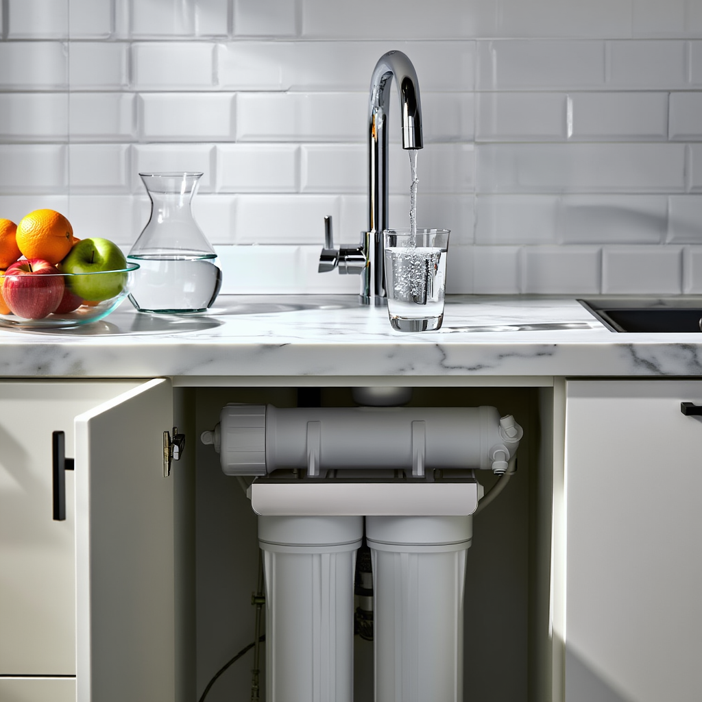 Système d'osmose inverse sous évier remplissant un verre d'eau pure dans une cuisine moderne