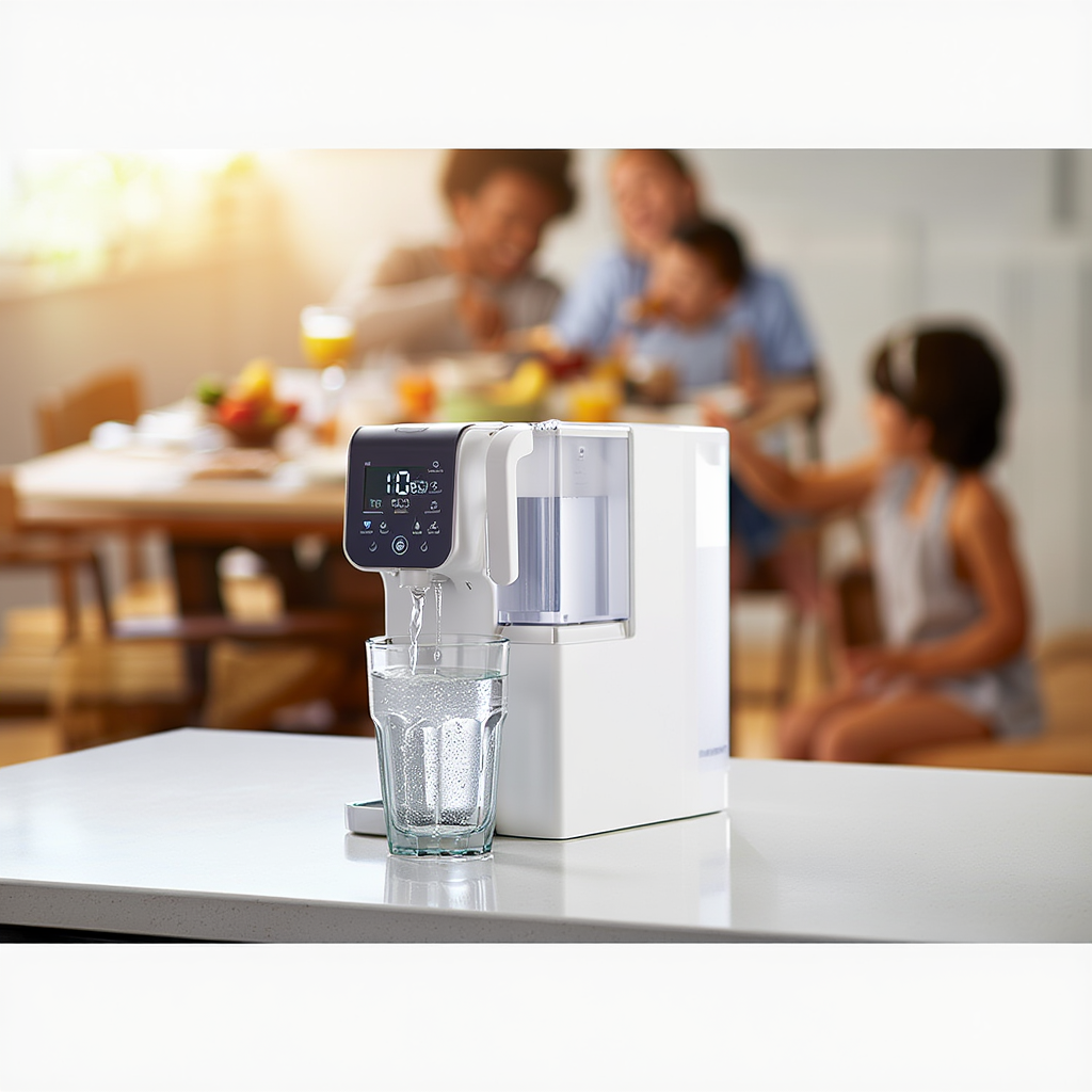 Osmoseur domestique blanc sur plan de travail de cuisine versant de l'eau filtrée dans un verre