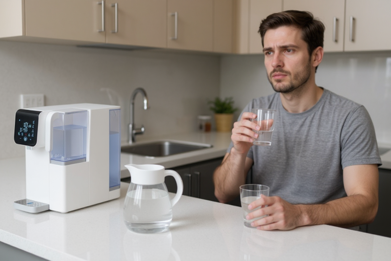 Système de purification d'eau domestique sur plan de travail, contrastant avec un pichet filtrant traditionnel inefficace contre les PFAS.