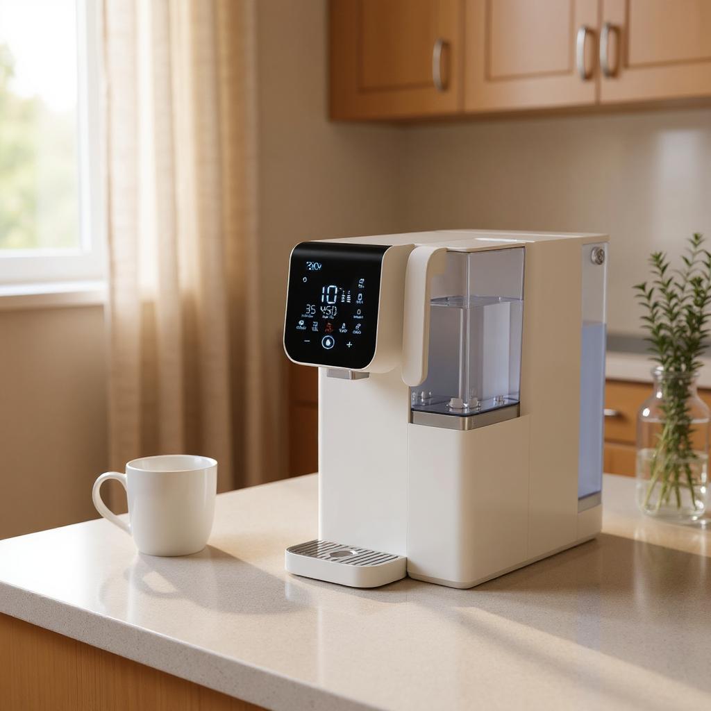 osmoseur domestique sur plan de cuisine dans une cuisine moderne sur un plan de travail, tasse blanche à côté, cuisine lumineuse avec fenêtres et plantes.