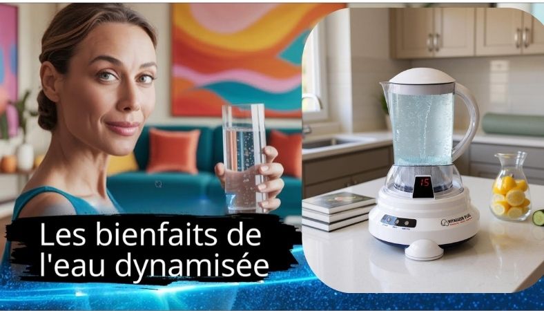 femme tenant un verre d’eau devant un fond coloré, et un dynamiseur d'eau vitalizer plus sur le plan de travail de cuisine à droite.