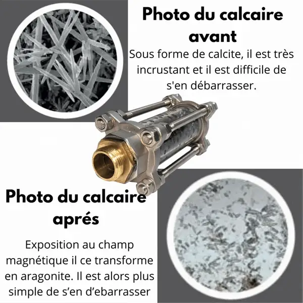 Comparaison avant/après du calcaire: image montrant un adoucisseur d'eau HYDREVA métallique et des cercles avec zooms sur le calcaire cristallisé, texte descriptif. Comparaison avant/après du calcaire: image montrant un adoucisseur d'eau HYDREVA métallique et des cercles avec zooms sur le calcaire cristallisé, texte descriptif.