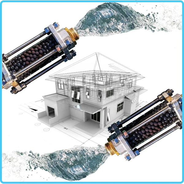 Dispositifs d adoucisseur d’eau magnétique et vortex entourant une maison en plan 3D, symbolisant purification domestique. Dispositifs d adoucisseur d’eau magnétique et vortex entourant une maison en plan 3D, symbolisant purification domestique.